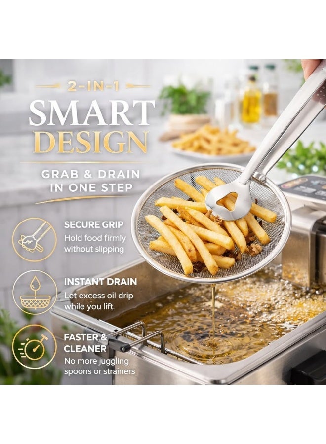 2-in-1 Stainless Steel Frying Strainer Tongs Oil Draining Clip 30 Cm - Image 2