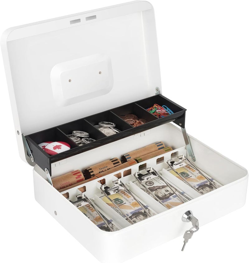 GOBBLER Cash box with Key Lock & 2 Level Money Tray, Metal Money Box Large Size: 30 * 24 * 9cm (GC-302) - White - Image 1