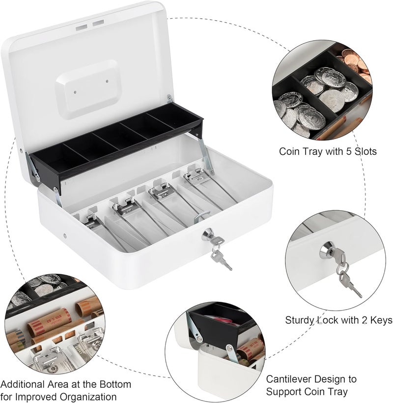 GOBBLER Cash box with Key Lock & 2 Level Money Tray, Metal Money Box Large Size: 30 * 24 * 9cm (GC-302) - White - Image 2