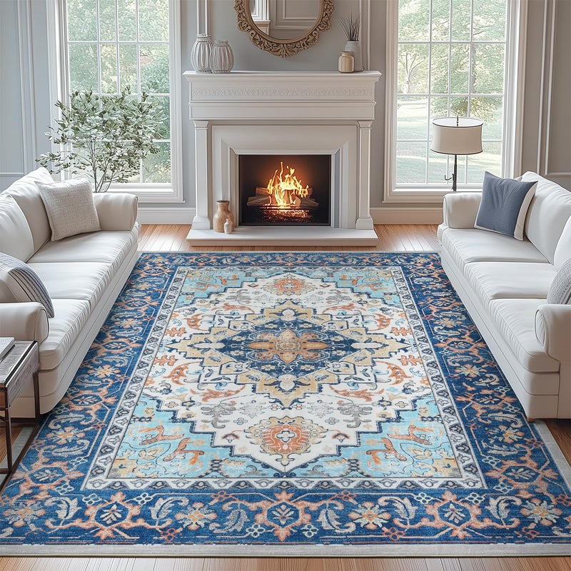 Lofus 8x10 Area Rugs for Living Room, Washable Area Rug, Rugs for Bedroom, Kitchen, Vintage Boho Carpet, Soft Non-Slip, Low Pile Large Area Rug for Office Dining Room, Floral Blue - Image 3