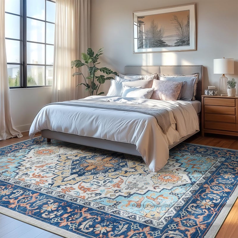 Lofus 8x10 Area Rugs for Living Room, Washable Area Rug, Rugs for Bedroom, Kitchen, Vintage Boho Carpet, Soft Non-Slip, Low Pile Large Area Rug for Office Dining Room, Floral Blue - Image 2