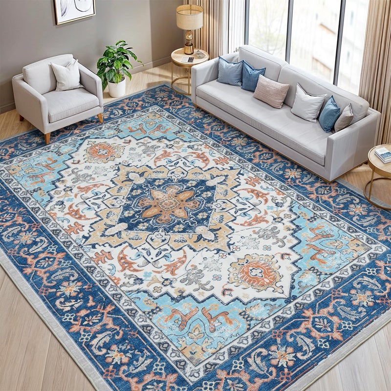 Lofus 8x10 Area Rugs for Living Room, Washable Area Rug, Rugs for Bedroom, Kitchen, Vintage Boho Carpet, Soft Non-Slip, Low Pile Large Area Rug for Office Dining Room, Floral Blue - Image 1