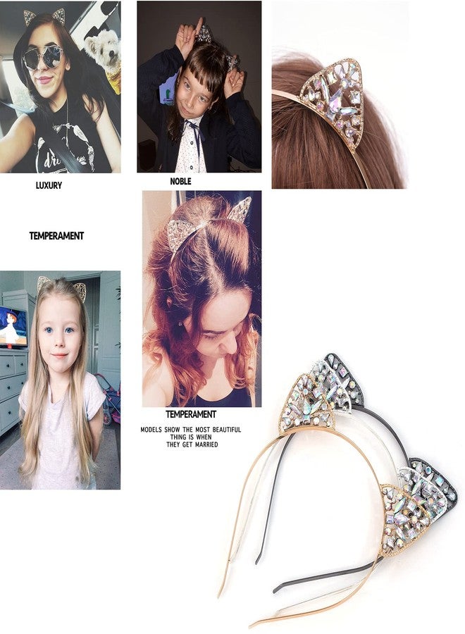 Bnikion Cat Ears Headband Rhinestone Cat Headbands Crystal Hair Hoop Women Party Headdress Cosplay Costume Headwear Halloween Makeup Handmade Headpiece Hair Band Hair Accessories 3 Pack - Image 4