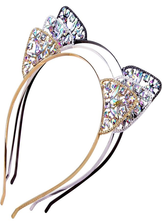 Bnikion Cat Ears Headband Rhinestone Cat Headbands Crystal Hair Hoop Women Party Headdress Cosplay Costume Headwear Halloween Makeup Handmade Headpiece Hair Band Hair Accessories 3 Pack - Image 1