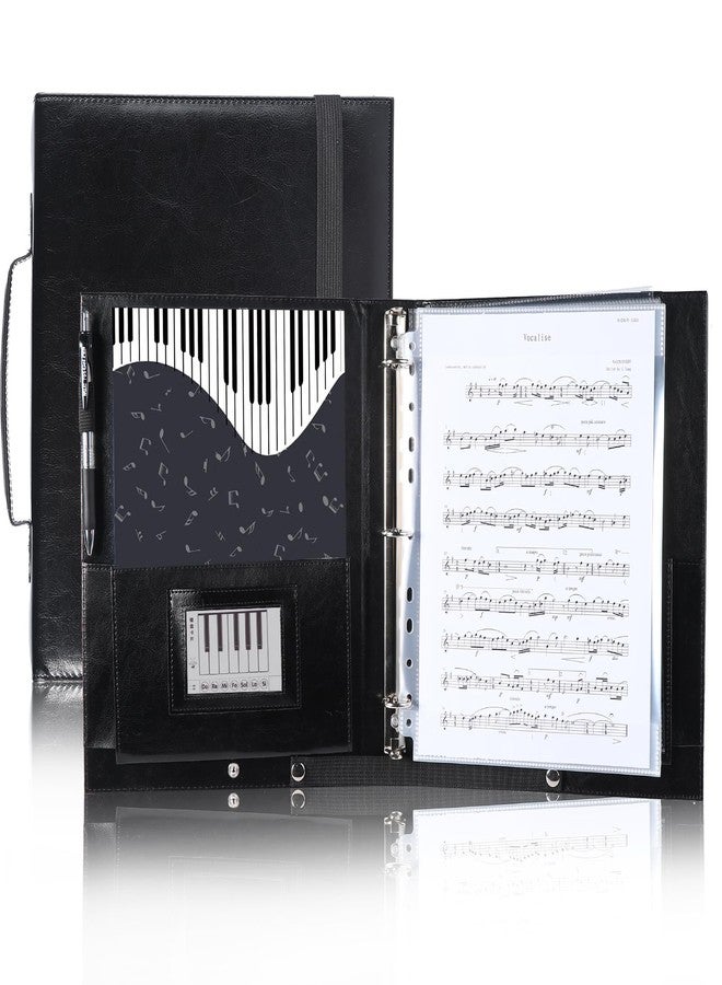 Musfunny Choral Sheet Music Folder Organizer: 3 Ring Piano Music Binder with Plastic Sleeves - PU Leather Choir Folders with Hand Strap Elastic Band Fits Letter Size 8.5 x 11 inch, Black - Image 1