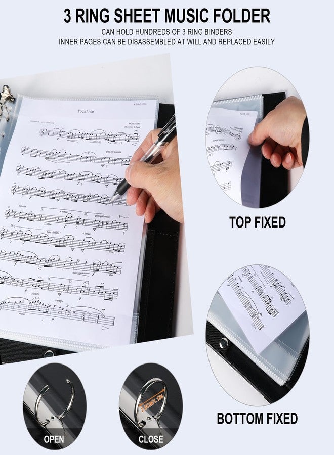 Musfunny Choral Sheet Music Folder Organizer: 3 Ring Piano Music Binder with Plastic Sleeves - PU Leather Choir Folders with Hand Strap Elastic Band Fits Letter Size 8.5 x 11 inch, Black - Image 3