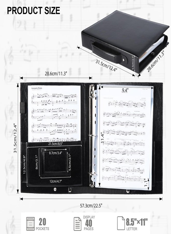 Musfunny Choral Sheet Music Folder Organizer: 3 Ring Piano Music Binder with Plastic Sleeves - PU Leather Choir Folders with Hand Strap Elastic Band Fits Letter Size 8.5 x 11 inch, Black - Image 2
