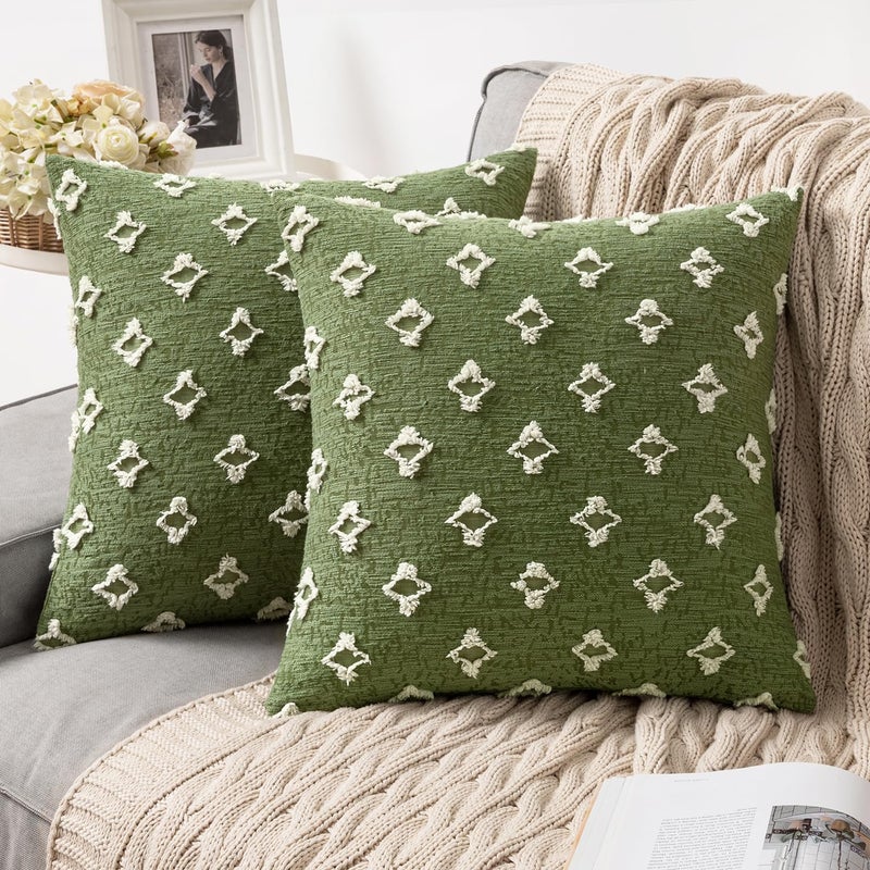 ميولي طقم أغطية وسائد زينة من قطعتين من MIULEE، غطاء وسادة مربع ناعم بنقشة جاكار معينية، مناسب لأريكة الصيف، سرير، غرفة نوم، غرفة معيشة، مقاس 20×20 بوصة، لون أخضر زيتوني - Image 1