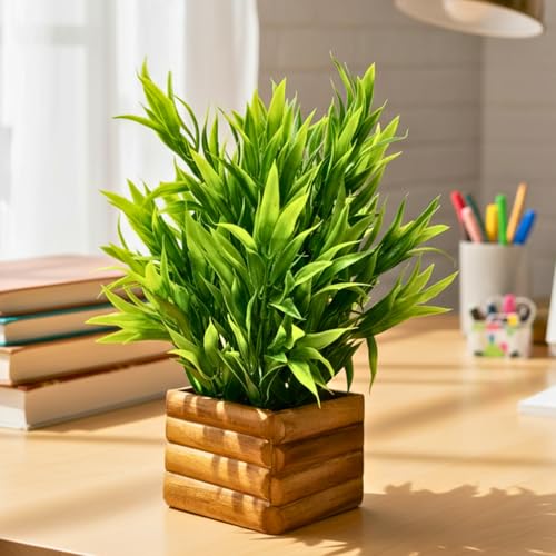 fancymart Artificial Bamboo Leaves in Wood Potted Plant with 30 cm Height Perfect for Home Décor & Office Space - Image 1