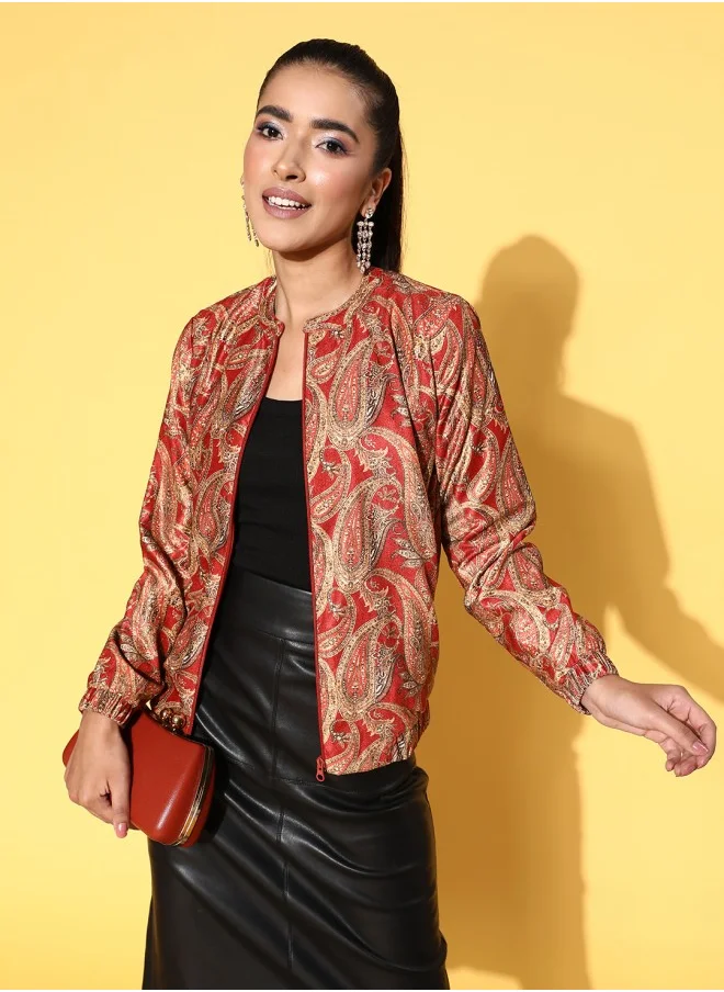 آي شين Women Rust Gold-Toned Floral Lightweight Silk Velvet Bomber Jacket