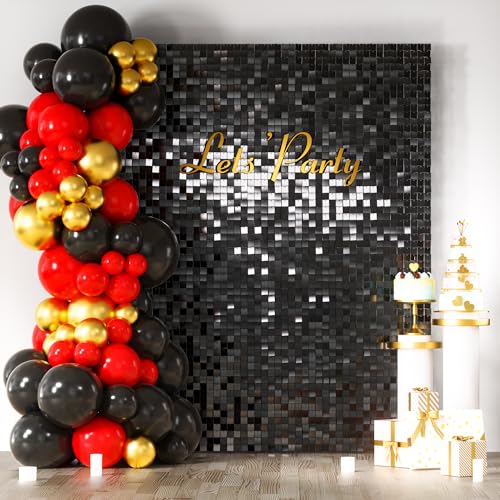 COKAOBE Black Shimmer Wall Backdrop, 24PCS Square Sequin Shimmer Backdrop Panel, Photo Backdrops for Birthday, Anniversary, Wedding, Graduation & Bachelorette Party Decoration - Image 1