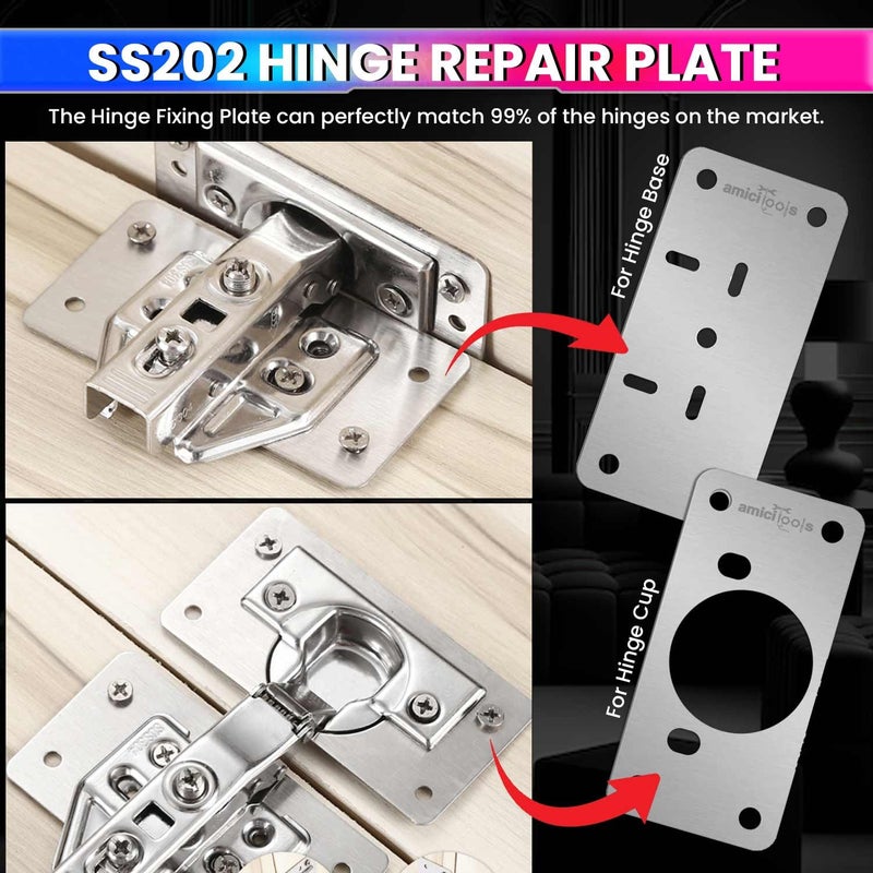 amiciTools Hinge Repair Plate Kit | Stainless Steel Door Hinge Reinforcement | Fix Loose Cabinet Hinges Quickly | 8 Pcs with Screws - Image 2
