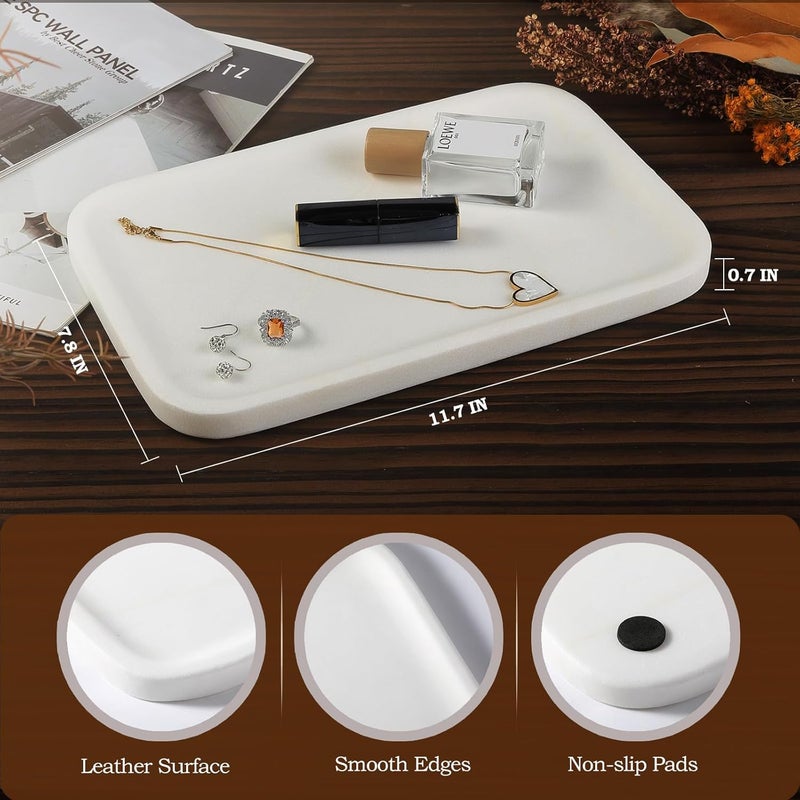 Koville Marble Tray, 12"x8" Marble Vanity Tray for Bathroom Kitchen Countertop, Rectangular Stone Tray for Cosmetics Perfume Trinket, Decorative Catchall Trays (White) - Image 3