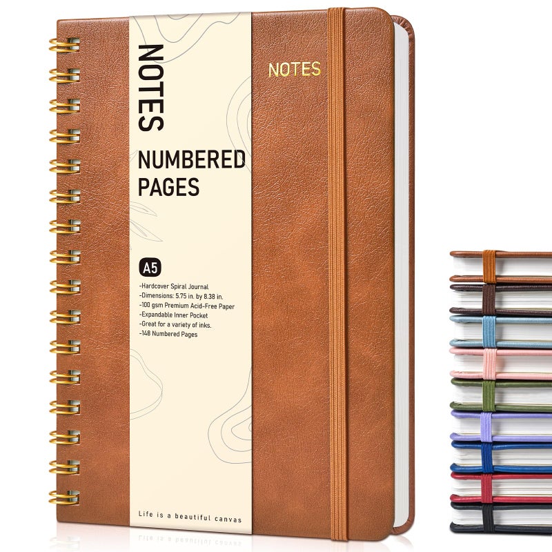 PAPEJOON Lined Spiral Journal Notebook, A5 Hardcover Spiral Journals for Women Men, 150 Numbered Pages Spiral Bound Notebook, 100 GSM College Ruled Notebooks for Writing Note Taking 5.75" x 8.38", Brown - Image 1