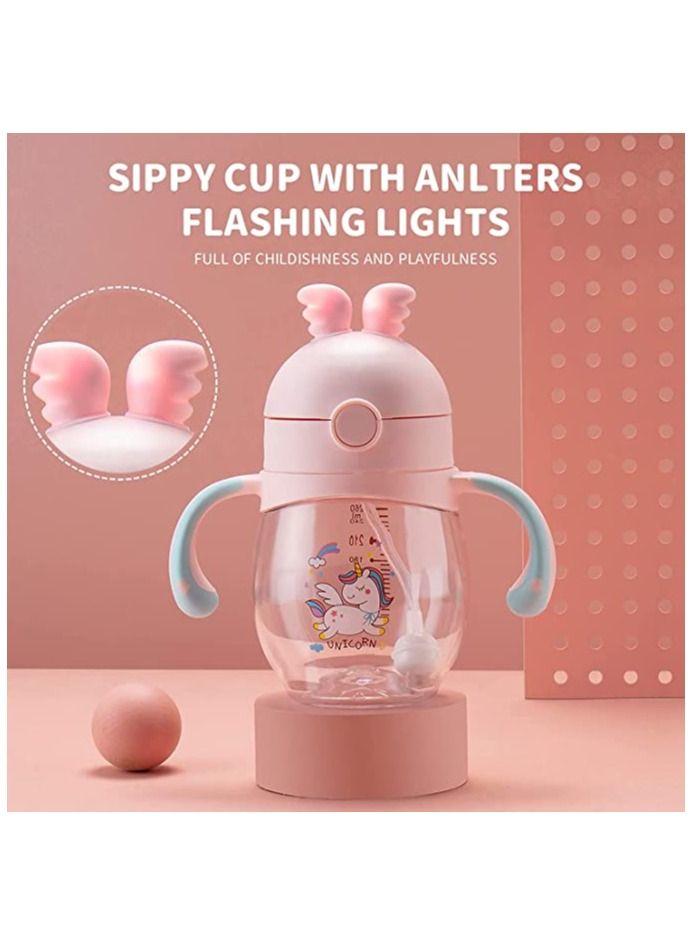 Baby Bottles, Sippy Cup with Flashing Lights, 260ML Kids Water Bottle Toddler Cups Weighted Straw Spill Proof Leak-Proof Removable Handles for Toddlers Fun Gifts Boys (Pink) - Image 5