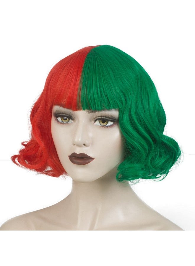 ويكين باروكة شعر WeKen باللونين الأخضر والأحمر للبنات، باروكة شعر قصيرة مموجة نصفها أحمر ونصفها أخضر مع غرة للبنات والنساء، باروكة شعر صناعية للحفلات اليومية - Image 1
