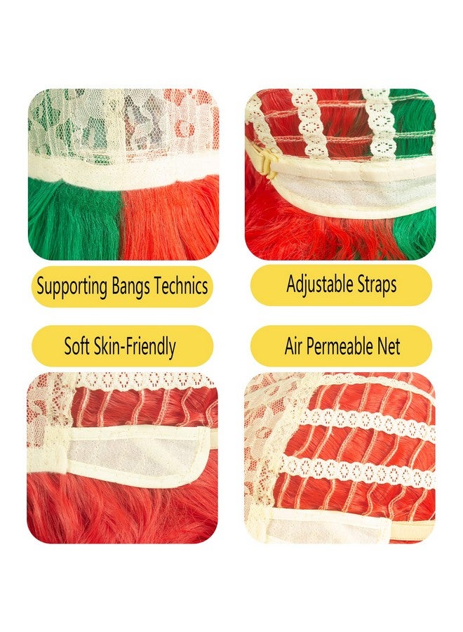 ويكين باروكة شعر WeKen باللونين الأخضر والأحمر للبنات، باروكة شعر قصيرة مموجة نصفها أحمر ونصفها أخضر مع غرة للبنات والنساء، باروكة شعر صناعية للحفلات اليومية - Image 5