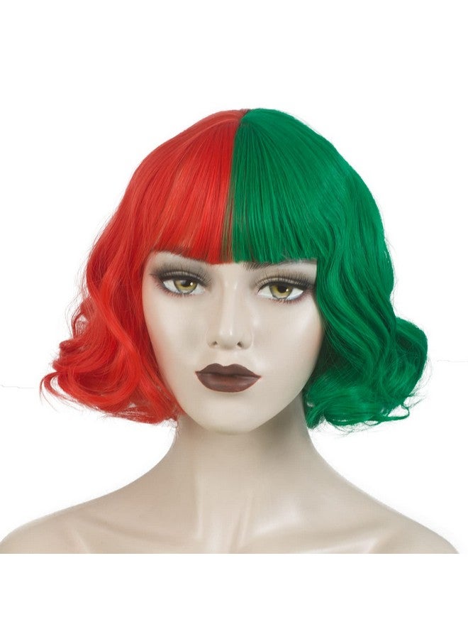 ويكين باروكة شعر WeKen باللونين الأخضر والأحمر للبنات، باروكة شعر قصيرة مموجة نصفها أحمر ونصفها أخضر مع غرة للبنات والنساء، باروكة شعر صناعية للحفلات اليومية - Image 2