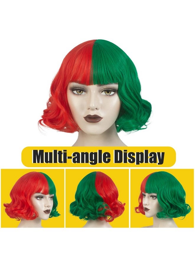 ويكين باروكة شعر WeKen باللونين الأخضر والأحمر للبنات، باروكة شعر قصيرة مموجة نصفها أحمر ونصفها أخضر مع غرة للبنات والنساء، باروكة شعر صناعية للحفلات اليومية - Image 4