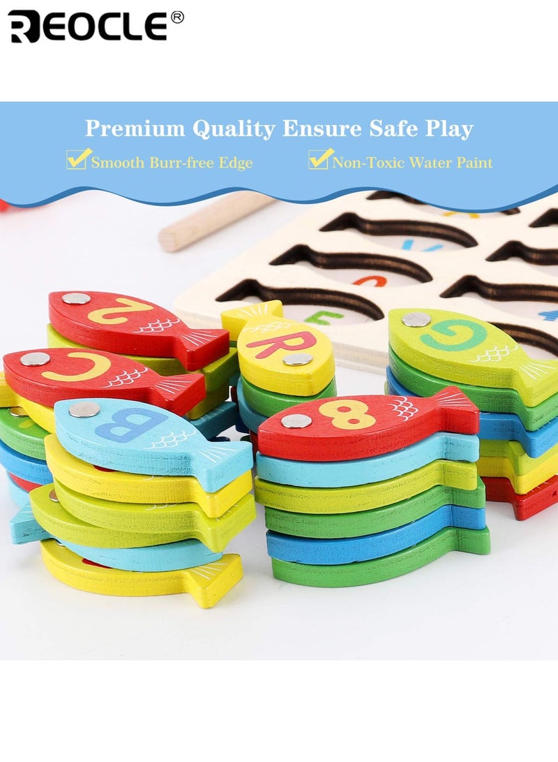 REOCLE Kid's Magnetic Fishing Game with Alphabet Letters and Numbers Design Wooden Educational Toy with Counting Puzzle for Preschool Learning Development - Image 5