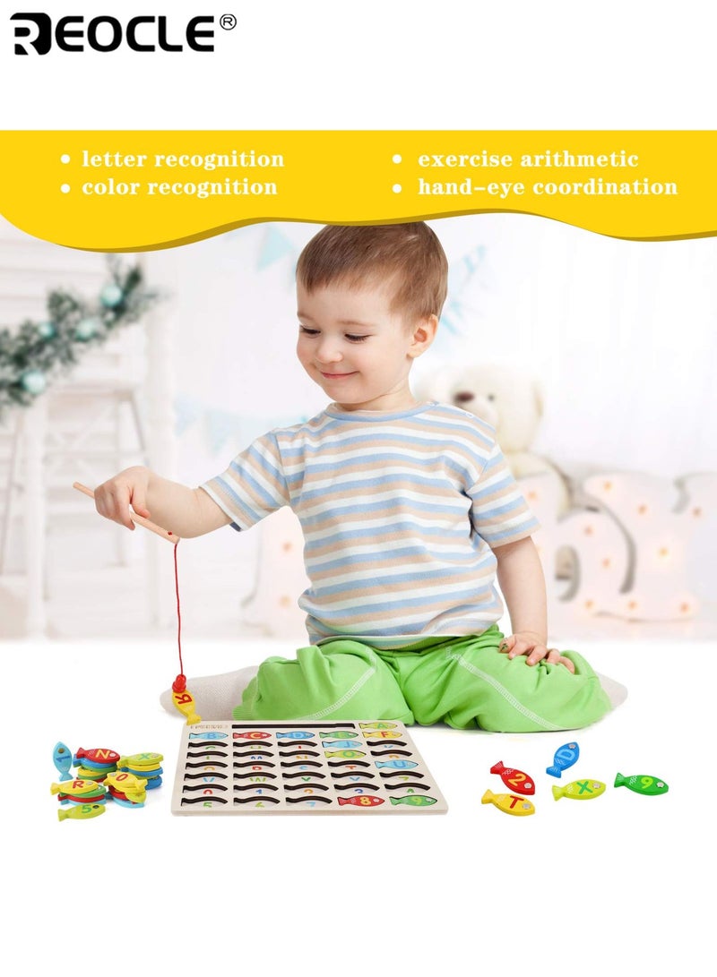 REOCLE Kid's Magnetic Fishing Game with Alphabet Letters and Numbers Design Wooden Educational Toy with Counting Puzzle for Preschool Learning Development - Image 4