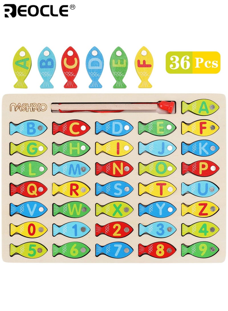 REOCLE Kid's Magnetic Fishing Game with Alphabet Letters and Numbers Design Wooden Educational Toy with Counting Puzzle for Preschool Learning Development - Image 2