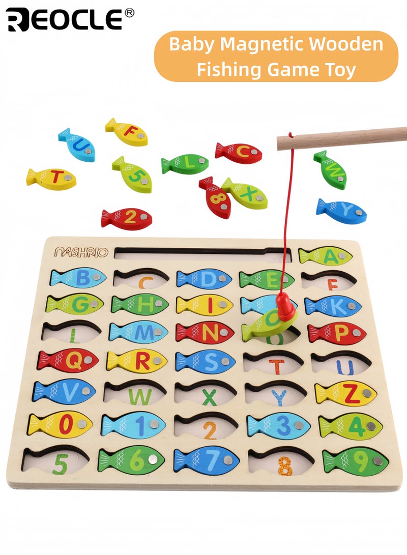 REOCLE Kid's Magnetic Fishing Game with Alphabet Letters and Numbers Design Wooden Educational Toy with Counting Puzzle for Preschool Learning Development - Image 1