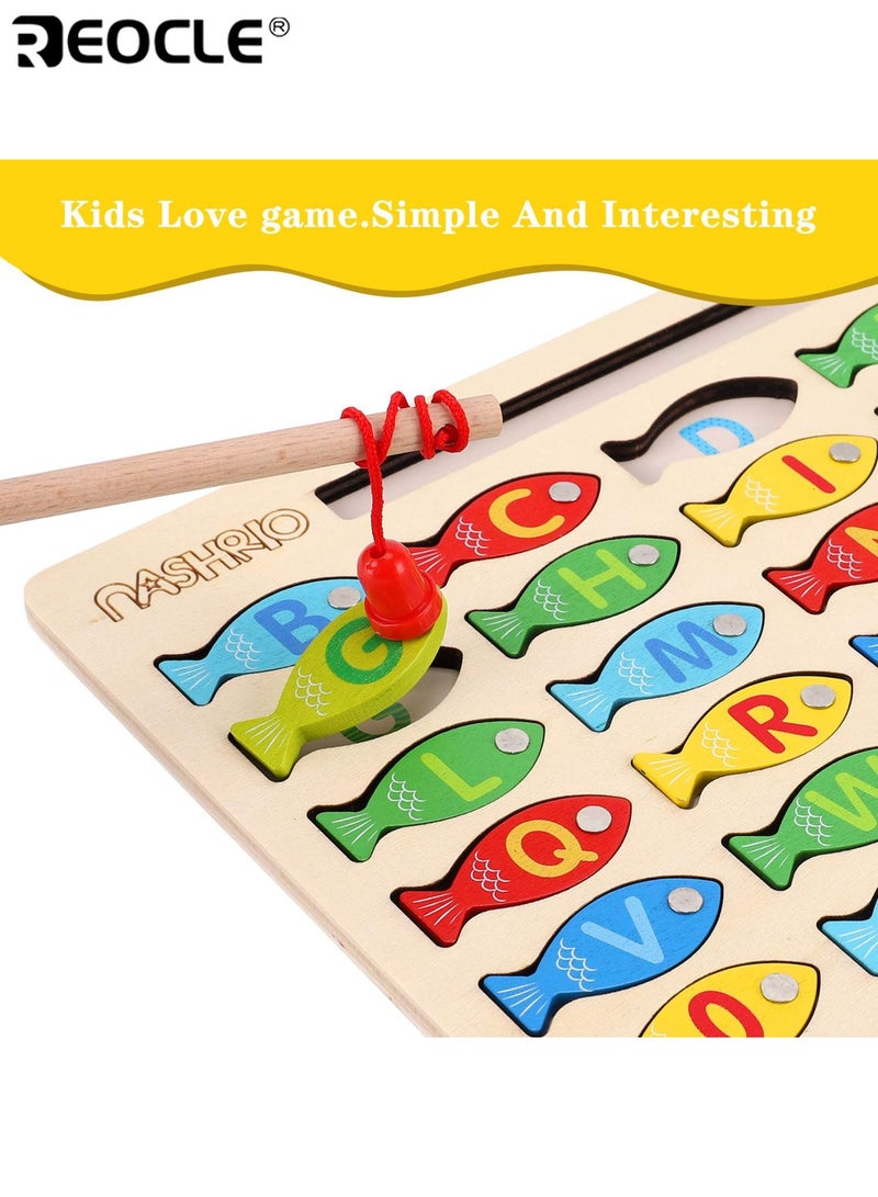 REOCLE Kid's Magnetic Fishing Game with Alphabet Letters and Numbers Design Wooden Educational Toy with Counting Puzzle for Preschool Learning Development - Image 3