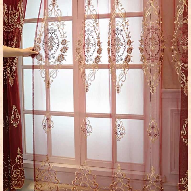 Amidoudou 1 Pair European Jacquard Sheer Curtains for Living Room Bedroom Luxury Embroidered Tulle Curtains (Red,52x96 Inch) - Image 2