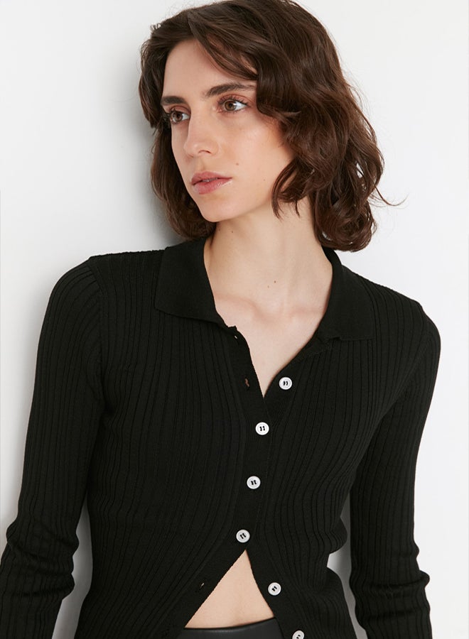trendyol Black Mercerized Look Ribbed Polo Collar Knitwear Cardigan - Image 3