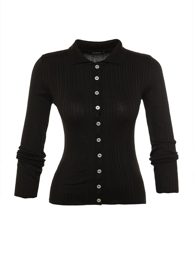 trendyol Black Mercerized Look Ribbed Polo Collar Knitwear Cardigan - Image 5