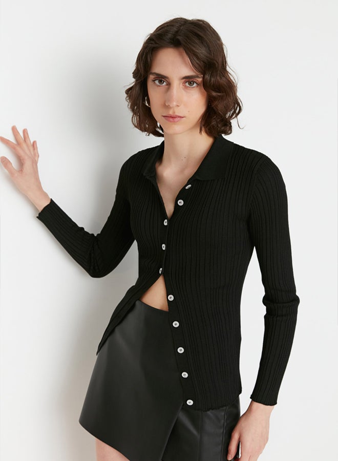 trendyol Black Mercerized Look Ribbed Polo Collar Knitwear Cardigan - Image 1