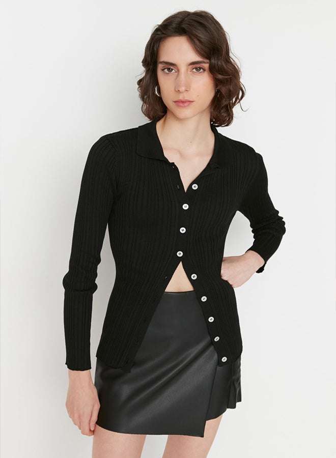 trendyol Black Mercerized Look Ribbed Polo Collar Knitwear Cardigan - Image 2