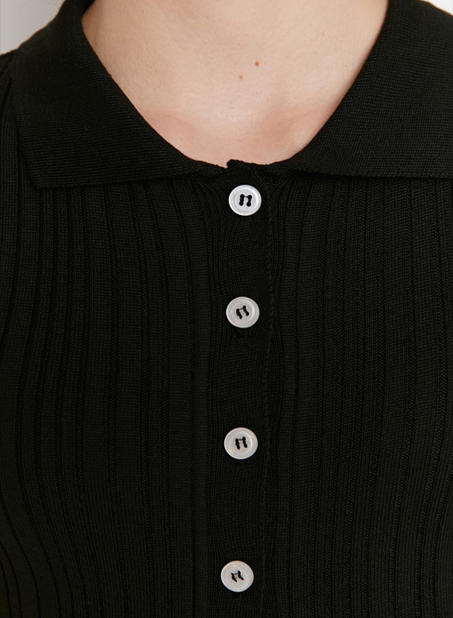 trendyol Black Mercerized Look Ribbed Polo Collar Knitwear Cardigan - Image 4