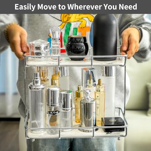 Dobbyby Bathroom Organizer Countertop Perfume Organizer Makeup Organizer Cosmetics Storage Display Rack Vanity Tray Dresser Stainless Steel Gold Shelf White Marble Ceramic Tray (2 Tier L-Sliver) - Image 3