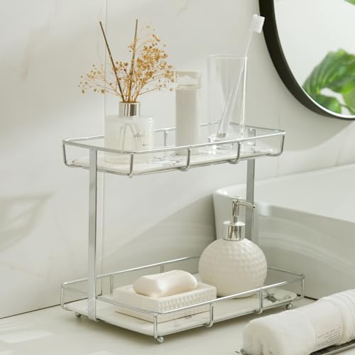 Dobbyby Bathroom Organizer Countertop Perfume Organizer Makeup Organizer Cosmetics Storage Display Rack Vanity Tray Dresser Stainless Steel Gold Shelf White Marble Ceramic Tray (2 Tier L-Sliver) - Image 1