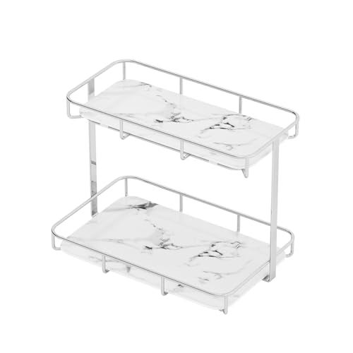 Dobbyby Bathroom Organizer Countertop Perfume Organizer Makeup Organizer Cosmetics Storage Display Rack Vanity Tray Dresser Stainless Steel Gold Shelf White Marble Ceramic Tray (2 Tier L-Sliver) - Image 4