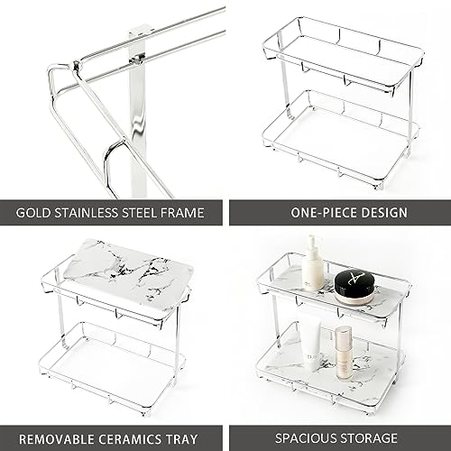 Dobbyby Bathroom Organizer Countertop Perfume Organizer Makeup Organizer Cosmetics Storage Display Rack Vanity Tray Dresser Stainless Steel Gold Shelf White Marble Ceramic Tray (2 Tier L-Sliver) - Image 5