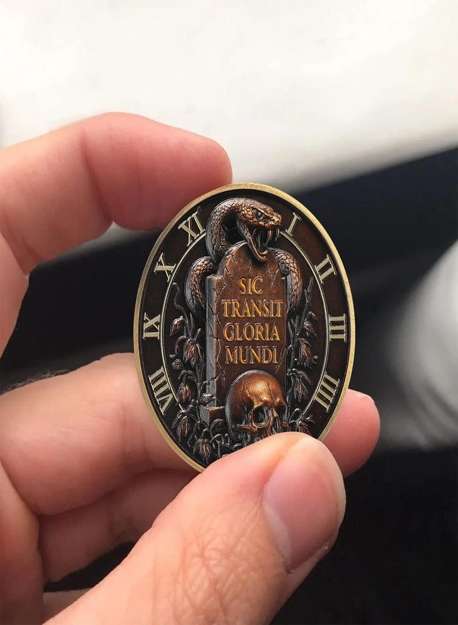 Imasoner Memento Mori Stoic Skull Coin - Memento Vivere Challenge Coin with Snake Tomb & Hourglass - Sic Transit Gloria Mundi - Time is Up EDC Gothic Token - Image 2