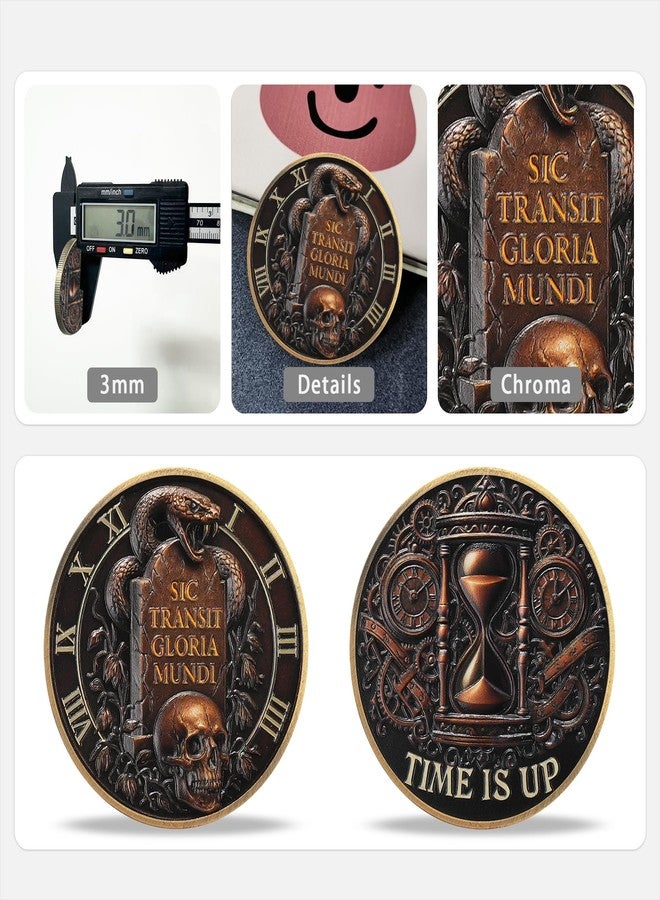 Imasoner Memento Mori Stoic Skull Coin - Memento Vivere Challenge Coin with Snake Tomb & Hourglass - Sic Transit Gloria Mundi - Time is Up EDC Gothic Token - Image 3