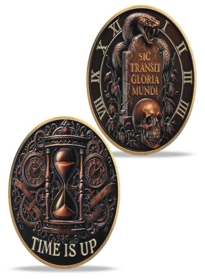 Imasoner Memento Mori Stoic Skull Coin - Memento Vivere Challenge Coin with Snake Tomb & Hourglass - Sic Transit Gloria Mundi - Time is Up EDC Gothic Token - Image 1