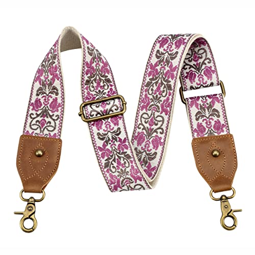 Nefelibata Purse Strap2 Crazy Horse Leather Wide Shoulder Strap Adjustable ReplacementRetro Jacquard Embroidery Multipattern Crossbody Bag Straps for HandbagCrossbody BagsPurple Embroidery - Image 1