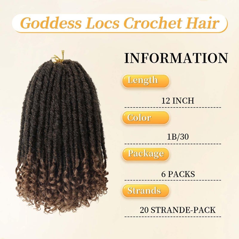 MODERN QUEEN Goddess Locs Crochet Hair 6 Packs, 12 Inch Straight Faux Locs Crochet Braids, Pre-Looped Curly Soft Synthetic Ombre Braiding Hair Extensions for Black Women(12 Inch, 6 Packs, 1B/30#) - Image 3
