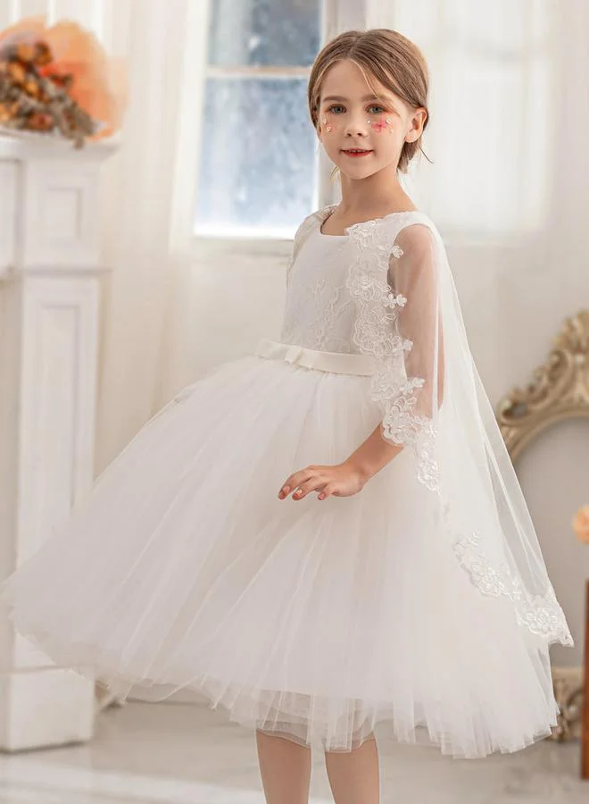 Take Two Lace Cape Sleeve Mesh Fit and Flare Dress by Styli