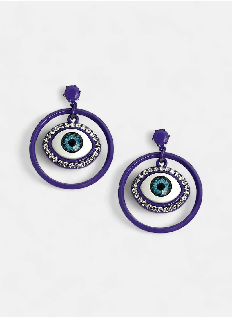 SOHI Artificial Stones Studded Contemporary Evil-Eye Drop Earrings