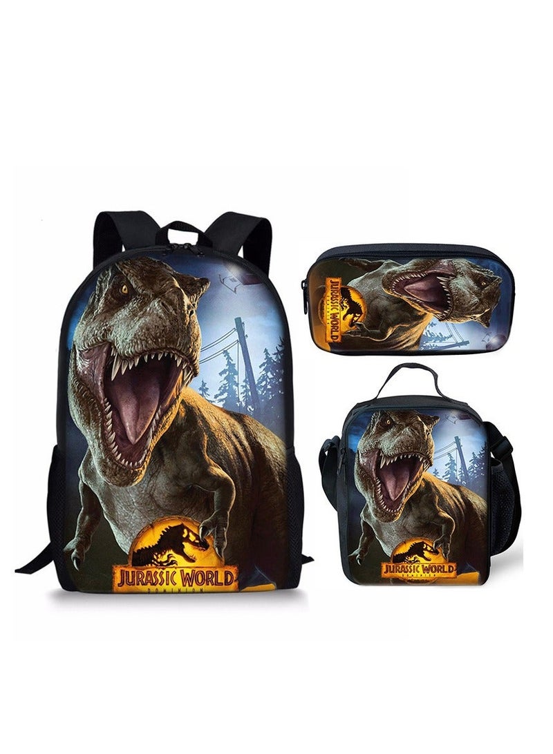 JURASSIC WORLD New Jurassic Park Dinosaur Three piece Set with Large Capacity Backpack, Student School Bag, Lunch Bag, Pen Bag - Image 1