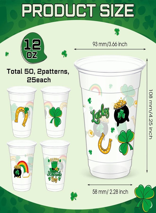 Sliner 50 Pieces St. Patrick's Day Cups Bulk 12 oz Disposable Plastic Green Shamrock Clear Drinking Beverage Cups for St Patrick day Irish Party Decoration Supplies, 4 Styles (Cute) - Image 2
