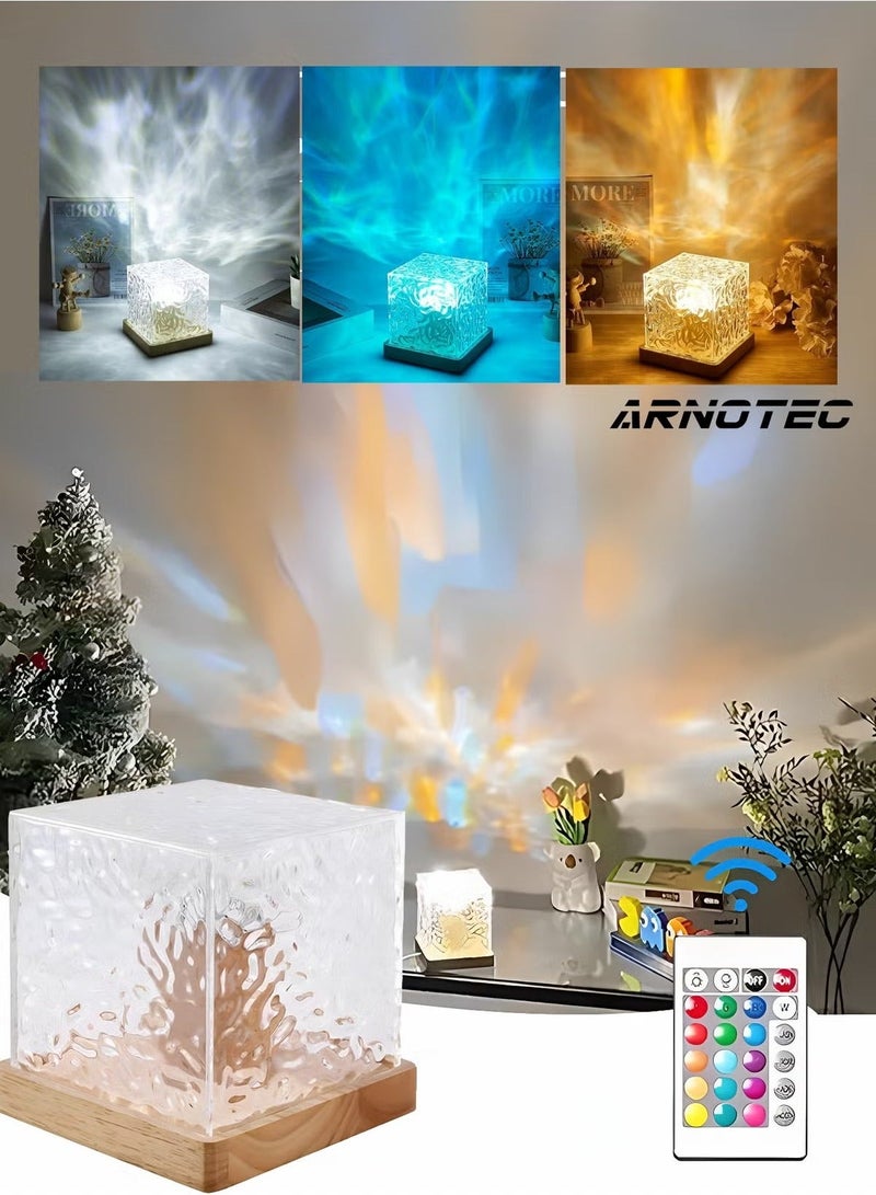 ARNOTEC ضوء محيطي بتأثير تموجات الماء 16 لون RGB مصباح توهج قابل للتعديل 360° مع جهاز تحكم عن بعد وشحن Type-C – مصباح ليلي بقاعدة خشبية لغرفة النوم، غرفة المعيشة والهدايا - Image 2