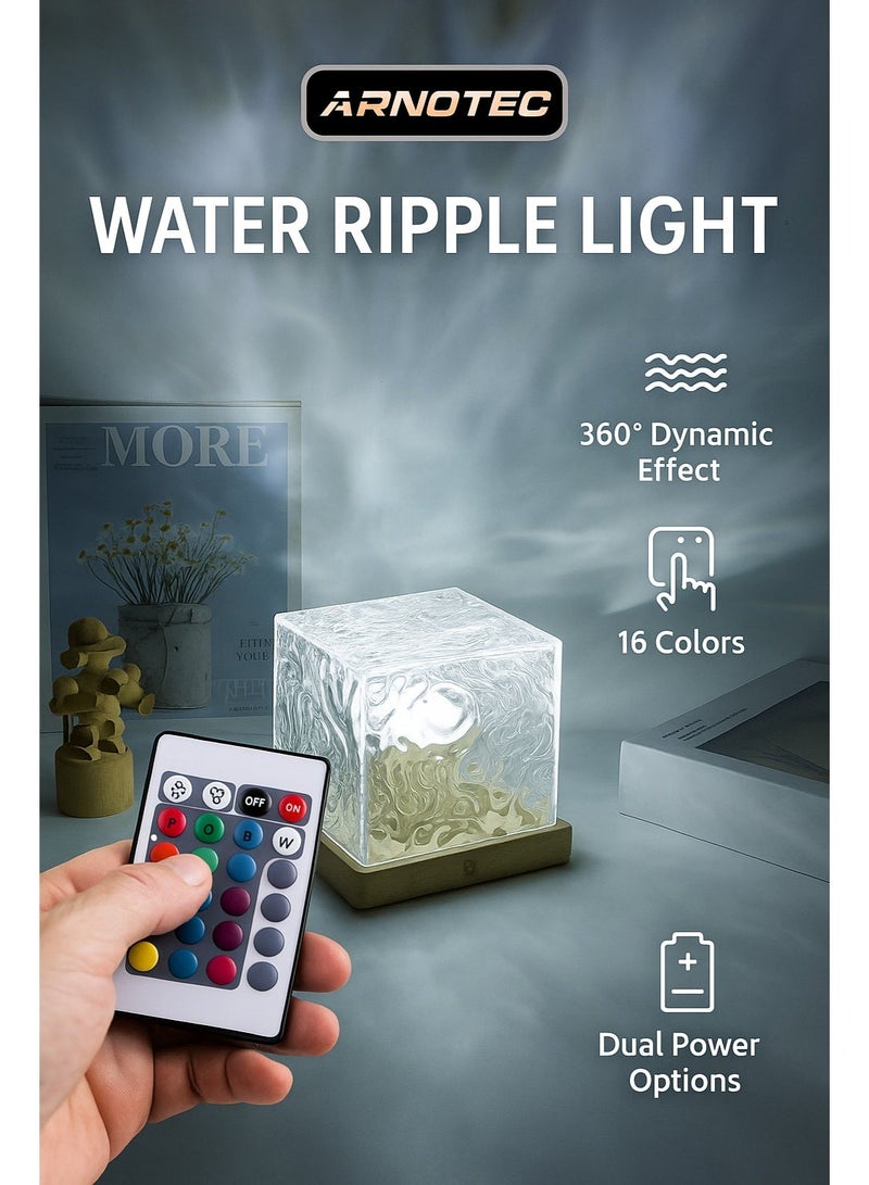 ARNOTEC ضوء محيطي بتأثير تموجات الماء 16 لون RGB مصباح توهج قابل للتعديل 360° مع جهاز تحكم عن بعد وشحن Type-C – مصباح ليلي بقاعدة خشبية لغرفة النوم، غرفة المعيشة والهدايا - Image 1