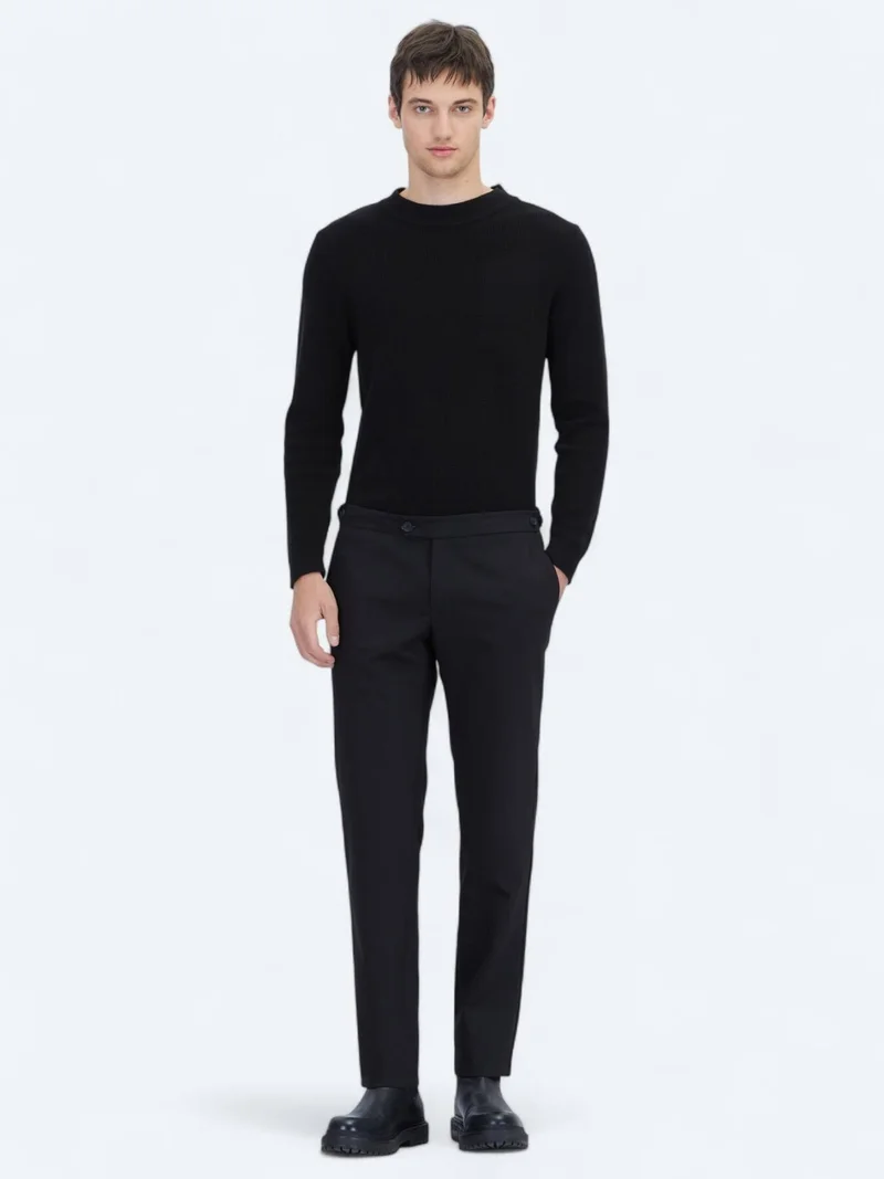 Kip Black Weaving Regular Fit Smart Casual Cotton Blended Trousers